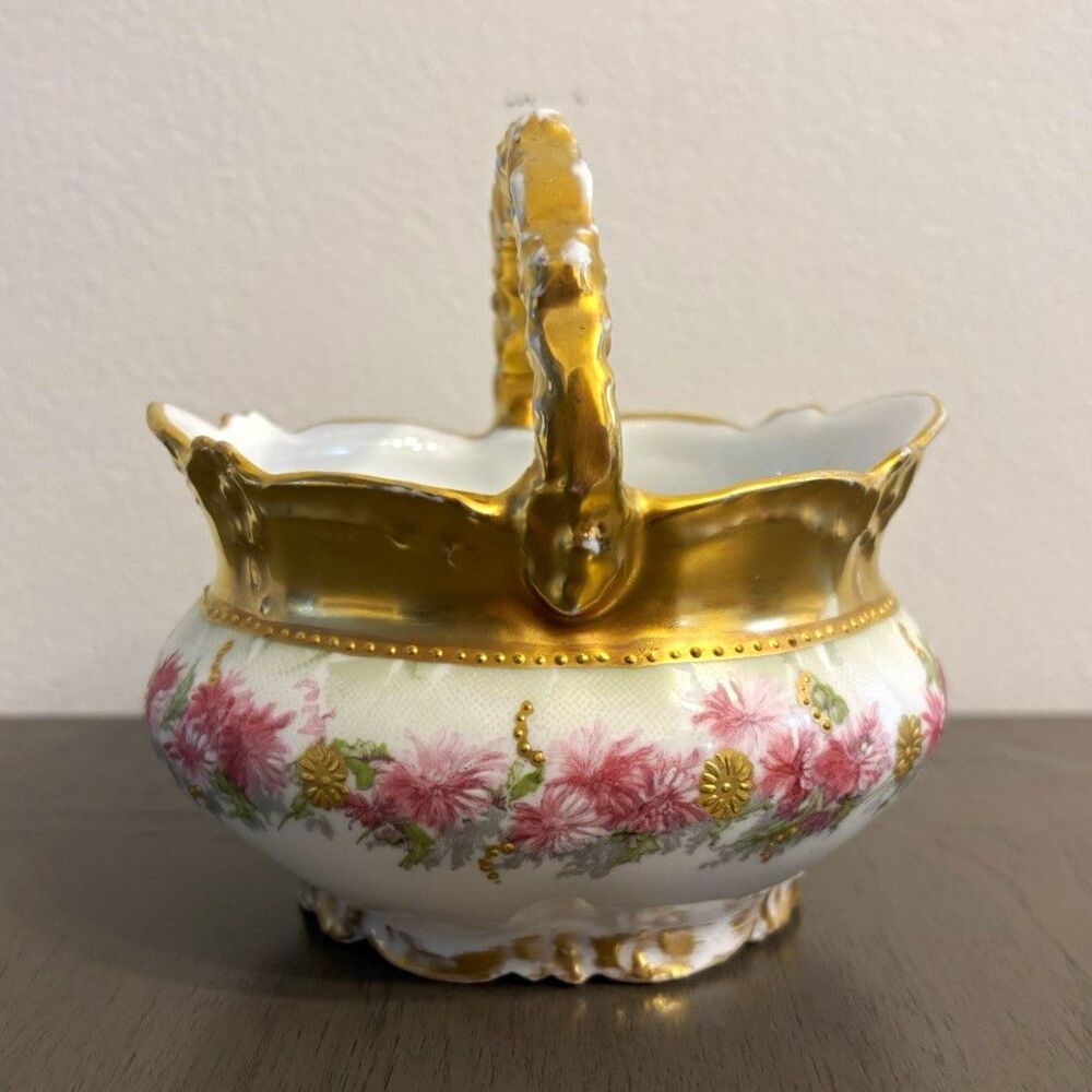 Antique Vintage B&H Limoges France Porcelain Basket Floral Gold Gilt Handle